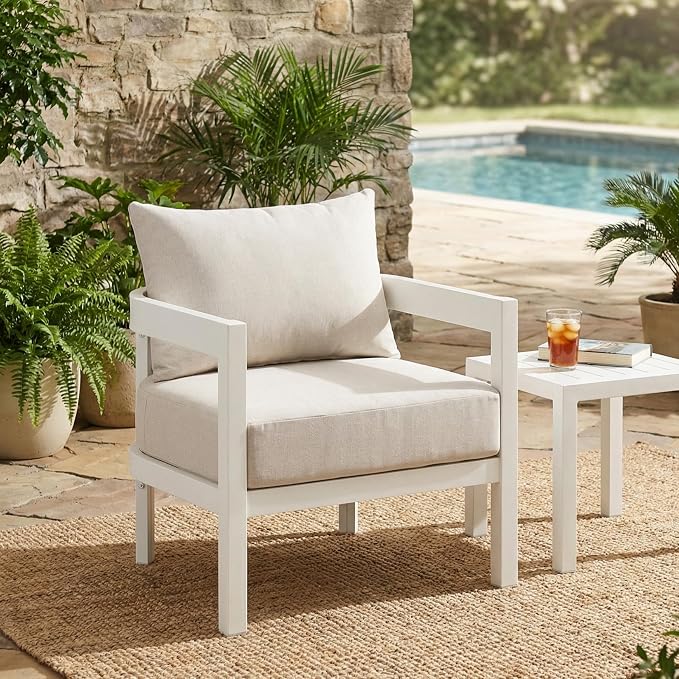 Merax 27.6" Outdoor Curved Patio Accent Chair with All-Weather Coushions, Aluminum Frame Single Lounge for Chair Porch, Lawn, Backyard, Balcony White