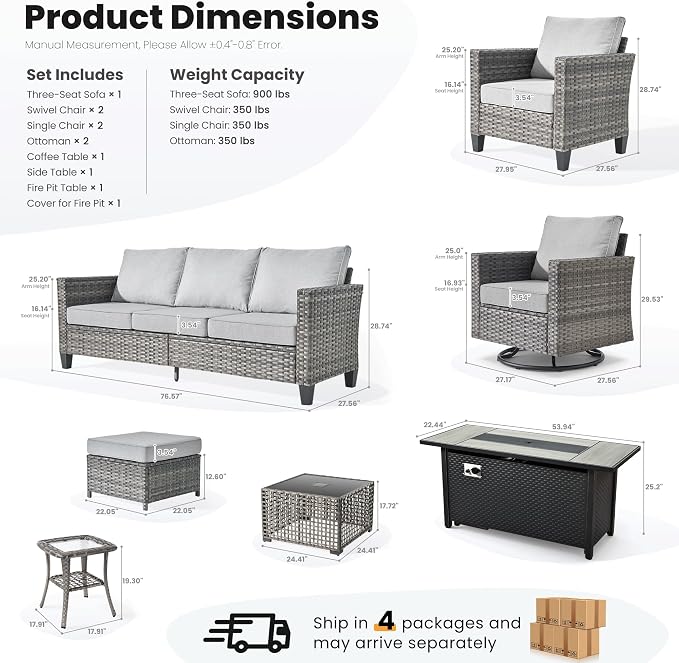 ovios 10 Pieces Patio Furniture Set with Swivel Chairs Rocking Gliders, 54" Fire Pit Table, Outdoor Sofa Couch with Solar Lights Table, Modern Deep Seat Wicker Rattan Conversation Set, Grey