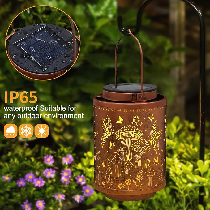 Solar Lanterns Outdoor Waterproof Mushroom Butterfly Garden Decor Gifts for Women Mon Grandma Metal Hanging Solar Lights Decoration for Outside LED Lanterns for Yard Patio Lawn | Metal Hanging Solar Lights Decoration for Outside LED Lanterns for Yard P...