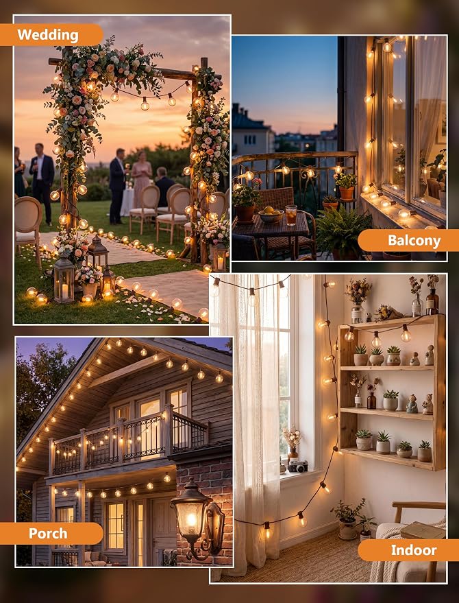 50Ft LED Globe String Lights Shatterproof Waterproof G40 Outdoor Patio String Light with 52 Dimmable LED Bulbs, Hanging Patio Lights for Indoor Bistro Pergola Tents Wedding Party Christmas Decor-Brown