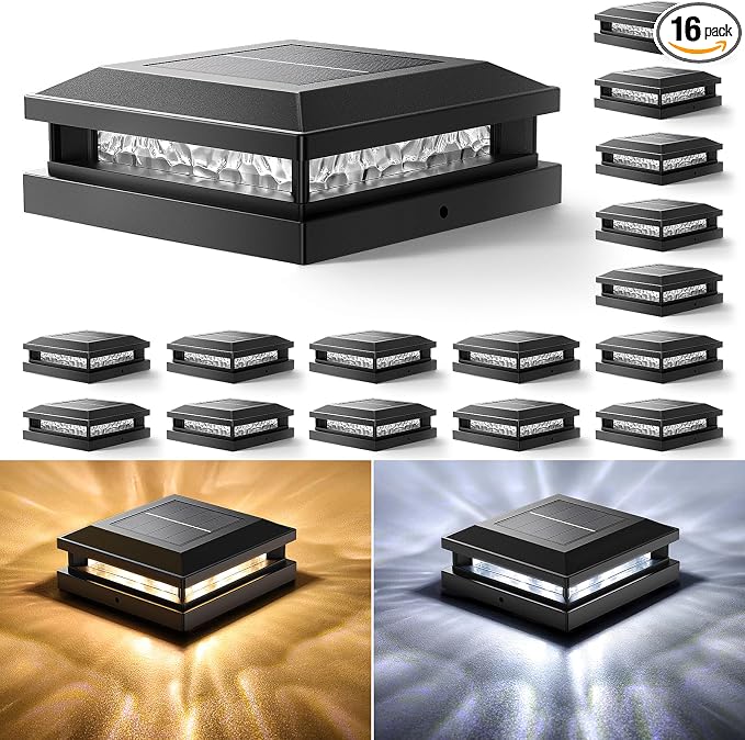 Solar Post Cap Lights 16 Pack for 4x4 4.5x4.5 5x5 Vinyl/Wood Posts, Black | Upgraded Outdoor Fence Post Lights, Warm White/Cool White, Deck Posts Cap Light Solar Powered for Garden Patio Porch
