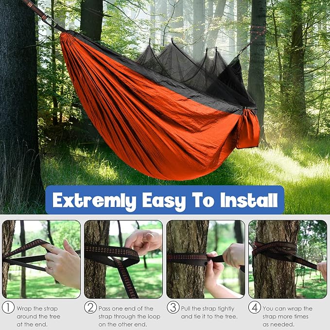 Gold Armour Camping Hammock - Camping Essentials, Double Hammock with Bug Net, Camping Gear Hammock for Outside, Hiking, and Travel (Orange & Black)