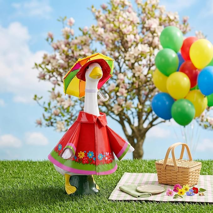 DECOHS 3 Pcs/Set Raincoat Porch Goose Outfits, Summer Lawn Goose Statue Costume with Rainbow Umbrella and Hat, Yard Geese Clothes for 23" Statue Patio Garden Decoration (Red Flower)