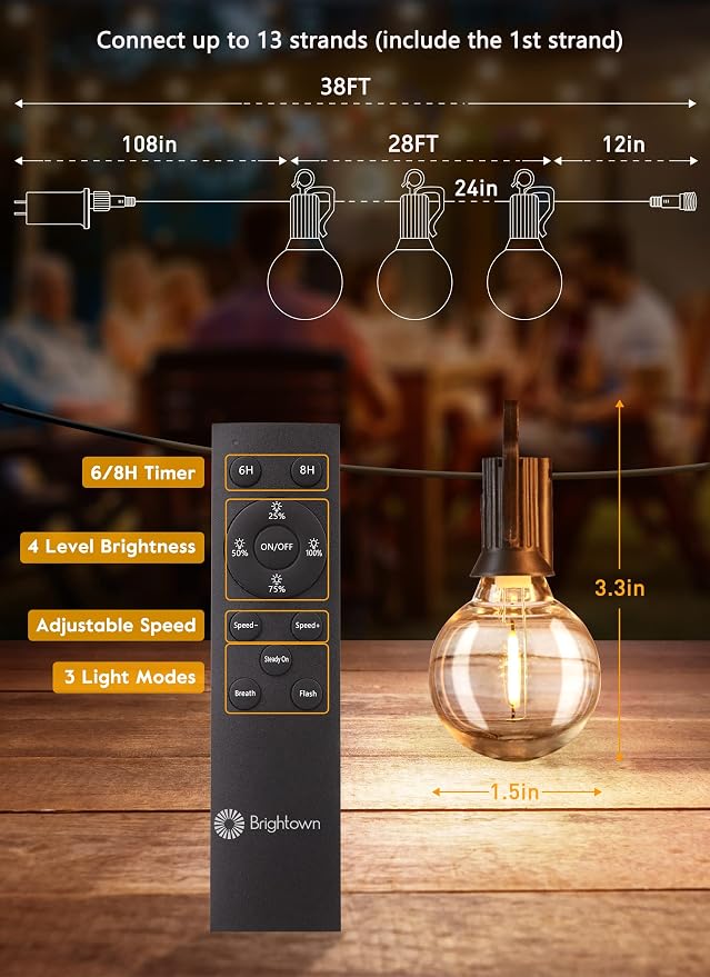 Brightown Outdoor String Lights, 38FT 15 Shatterproof LED Bulbs with Remote, Waterproof Dimmable Patio Hanging Lamps for Porch, Balcony, Bistro, Cafe, Deck, Backyard