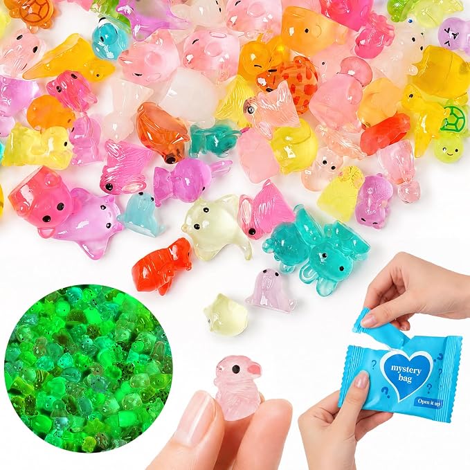 100pcs Luminous Mini Resin Animals, Resin Animals Mystery Bags, Mini Duck Blind Bags Toys, Glow in The Dark Tiny Animal Figurines for Fairy Garden, Aquarium, Party Favors & Home Decor Crafts