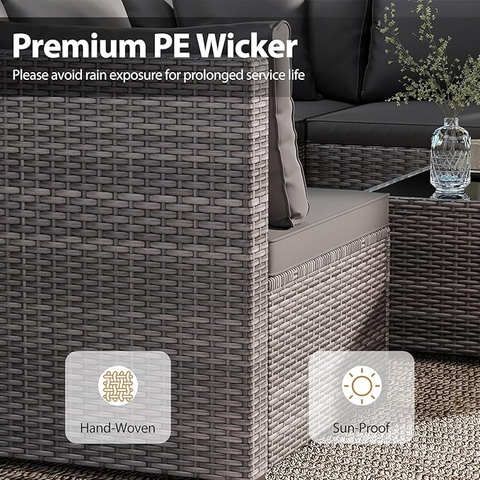 Tangkula 7 Pieces Wicker Patio Furniture Set, Outdoor Sectional Rattan Sofa Set with Seat & Back Cushions, Pillows, Coffee Table, Modular Conversation Set for Backyard, Poolside, Deck & Garden, Grey