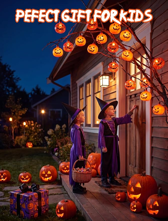Halloween Decorations Pumpkin String Lights - 20 LED 12 FT 3D Cute Waterproof Light up Orange Jack-O-Lantern Plug-in Lights, Waterproof for Home Yard Party Indoor Outdoor Decor, Connectable