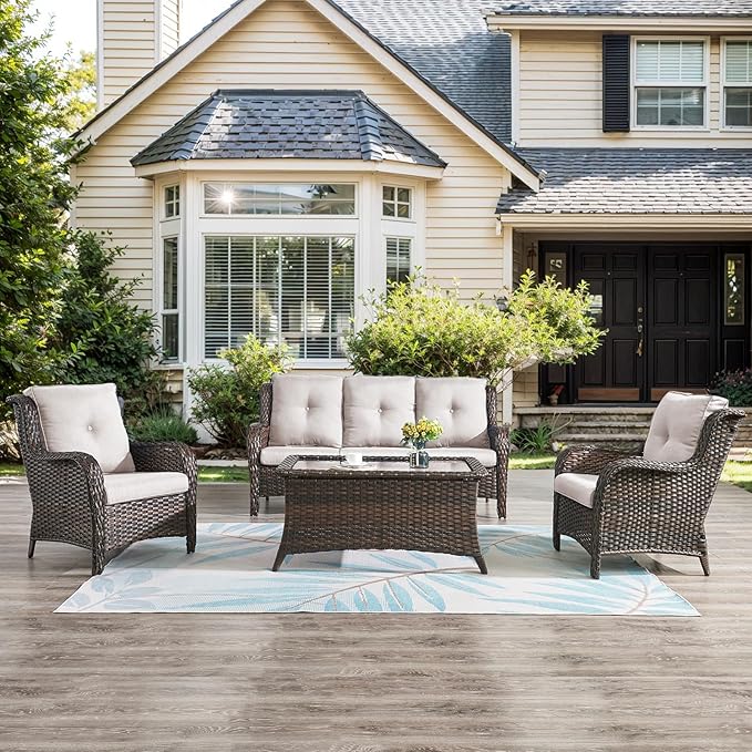 Belord Outdoor Wicker Furniture 5 Pieces Patio Furniture Sofa Set Patio Wicker Chairs with Ottomans Conversation Set for Porch Garden Deck Balcony Poolside