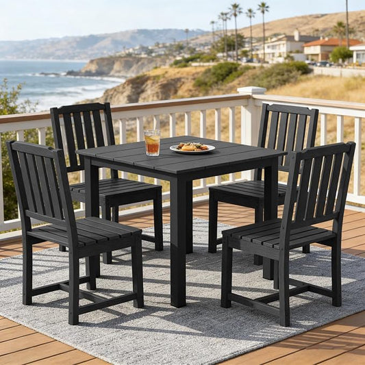 LOUNZY 5 Piece Patio Dining Set for 4, Outdoor Table and Chairs, Black | 4 person HDPE outdoor dining set 304 stainless steel, weather resistant up to 10 years, low maintenance patio set