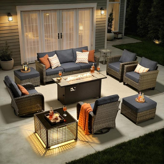 10 Piece Wicker Patio Furniture Set with Firepit, Denim Blue | High Back Swivel Rocker Chairs, 54-inch Fire Pit, Outdoor Sofa Ottoman Solar Lights Table, Conversation Sets, Deck Backyard