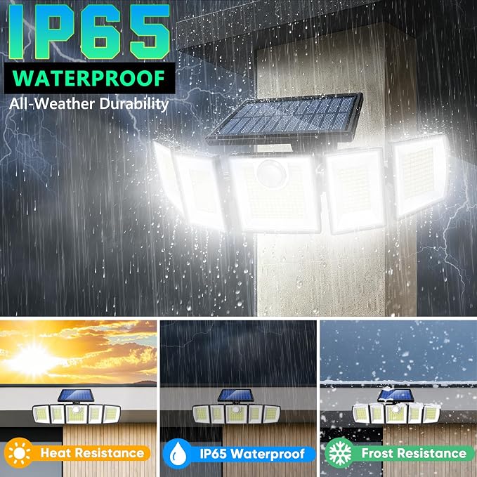 MDCMDCM Solar Lights Outdoor Waterproof Motion Sensor - 3000 Lumens 5-Head Adjustable Solar Flood Light, IP65 Waterproof Solar Security Light for Yard, Garage, Driveway, Garden
