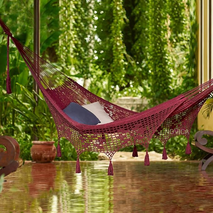 Novica Handmade Veranda in Bordeaux Cotton Rope Hammock (Triple)