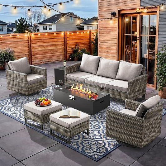 HUMMUH Patio Furniture Set with Fire Pit Table,5 Piece Wicker Outdoor Conversation Sets -Outdoor Swivel Rocker Chairs Patio Sofa for Porch,Garden,Backyard