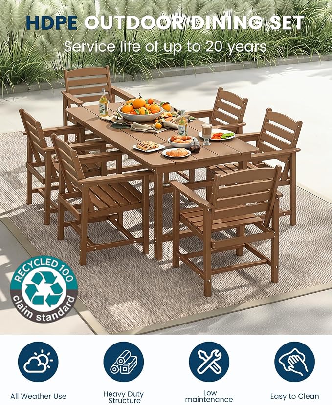 FOOWIN Outdoor Table and Chairs Set 5-Piece HDPE All Weather Patio Dining Set with Umbrella Hole,Outdoor Patio Furniture Dining Set for 4,Patio Kitchen Table Set for Garden,Backyard,Poolside, Teak