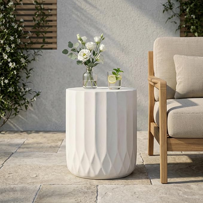 Round Outdoor Side Table, Antique White Concrete