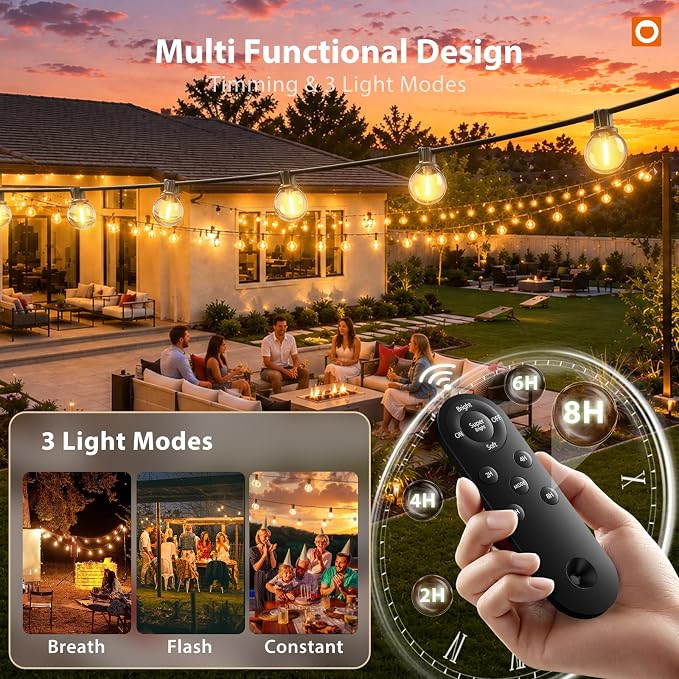 addlon 198FT Solar String Lights Outdoor, with 104 Waterproof LED Bulbs | Dimmable, Remote, 3 Modes, Shatterproof, Spaced 2FT, Easy Install, Ideal for Large Backyard, Garden, Wedding, Party, Camping