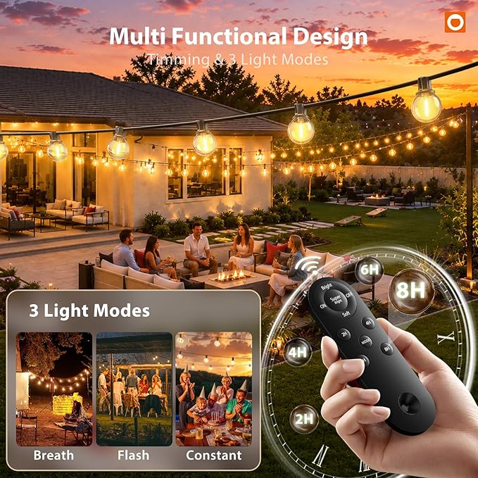 addlon 198FT Solar String Lights Outdoor, Waterproof, USB Charging | Dimmable, 3 Light Modes, Remote, 60+4 G40 LED Bulbs, Easy Install, for Large Backyard, Garden, Porch, Wedding, Party, Camping