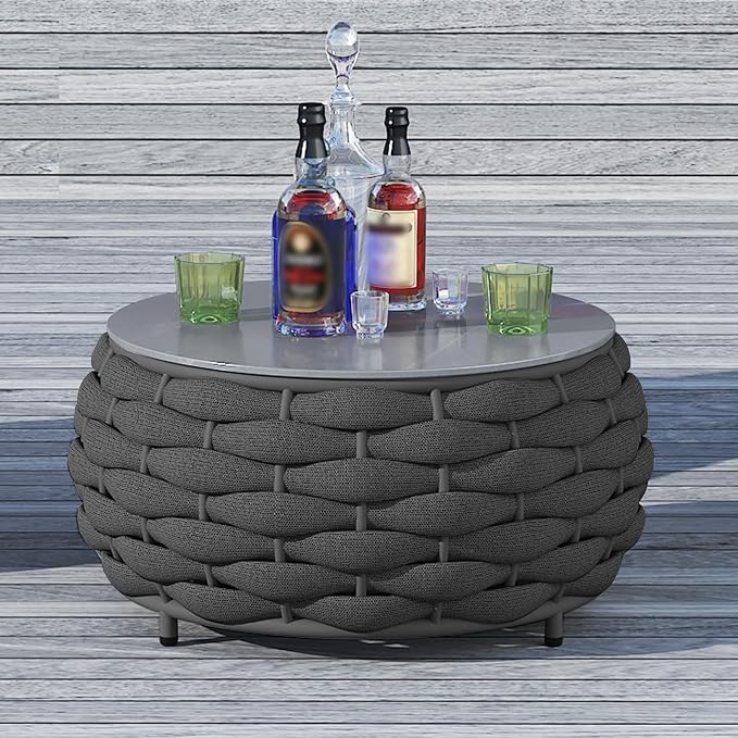 TWT Outdoor Coffee Table for Patio Table Rope Patio Coffee Table Lawn Garden Small Coffee Table with Rock Slab Top All-Weather, 25.6in(Textilene Rope, Dark Grey)