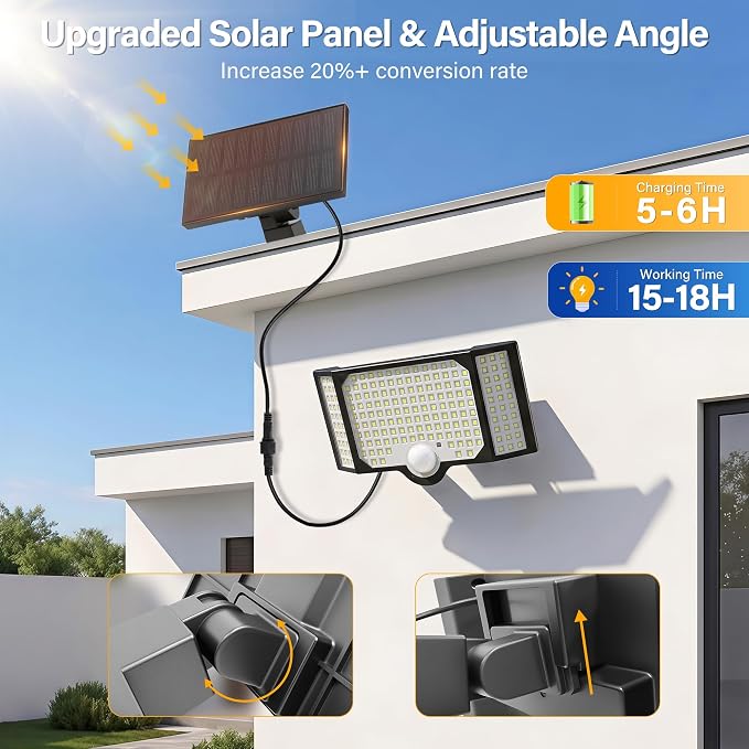 Solar Flood Lights Outdoor with Motion Sensor 3 Modes, 2 Pack | 182 Leds Solar Motion Lights, 3 Head 270° Wide Angle, IP65 Waterproof Security Lights with 16.4FT Cable for Patio Yard Garage