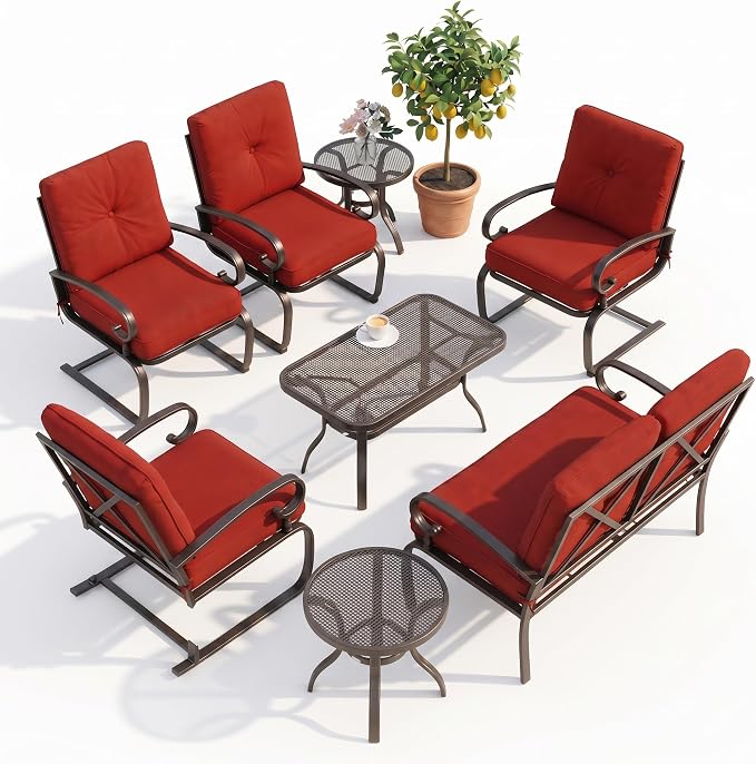 Oakcloud 8Pcs Metal Outdoor Furniture Patio Conversation Set (4 Spring Chairs, Loveseat, Bistro Table, 2 Coffee Tables) - Wrought Iron Patio Chair Set with Cushions (Red)