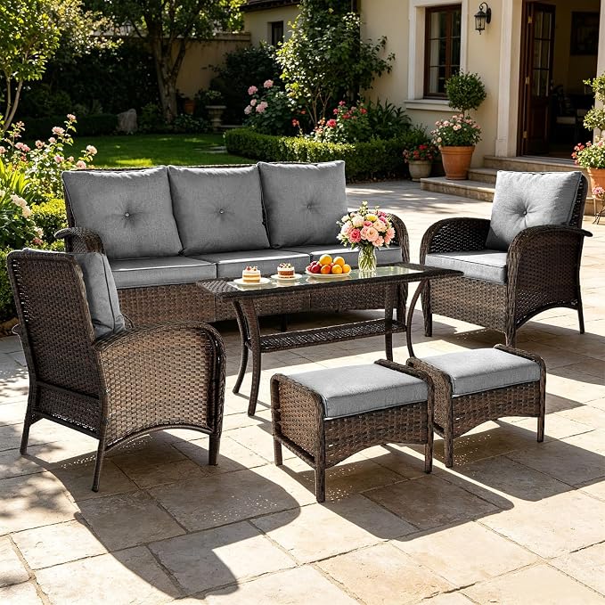SHGJ&SOFT All Weather Patio Furniture Set, High Back Swivel Rocker Glider Chairs，Ottomans & Glass Tables, Outdoor Conversation Set for Deck Porch Yard Poolside (Grey, 7PCS-Sofa&Chairs&Ottomans&Table)