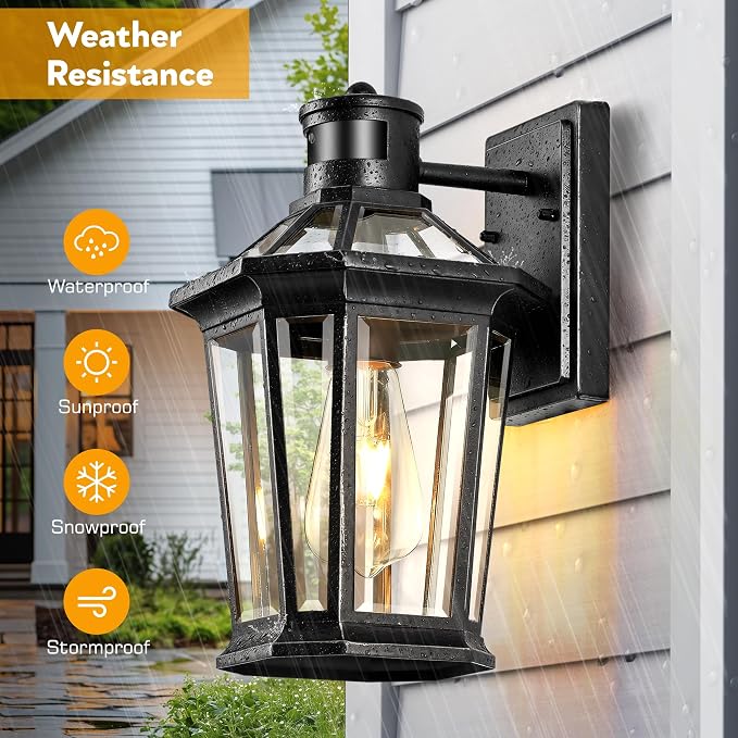 VIANIS Black 2 Pack Outdoor Lights for House, Dusk to Dawn Porch Light Lantern, Exterior Lighting for House Wall Mount, Motion Sensor Light Outside for Garage, Brightness Distance Adjustable