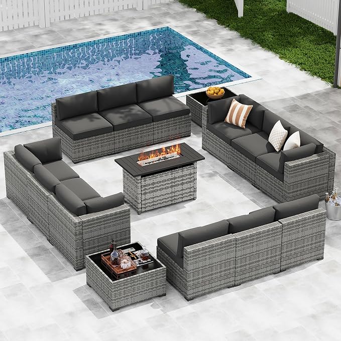 LazySunsets 15-Piece Patio Furniture Set with 44" Fire Pit Table, Wicker Outdoor Furniture, Patio Conversation Sets with Coffee Table, Outdoor Sectional Couch, Black