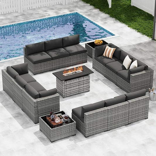 LazySunsets 15-Piece Patio Furniture Set with 44" Fire Pit Table, Wicker Outdoor Furniture, Patio Conversation Sets with Coffee Table, Outdoor Sectional Couch, Black