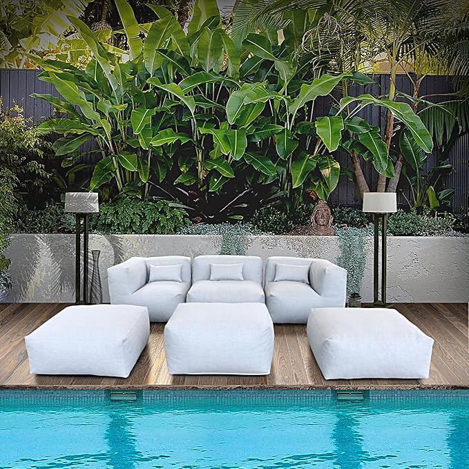ANNYH PortoCervo 6PCS Patio Outdoor Furniture Sectional Conversation Set Combines 1 Middle & 2 Corner Chairs, 3 Ottoman, Foam Filled Bean Bag Chairs Modular Contemporary Sofa Comfy Couch, Cloud Gray