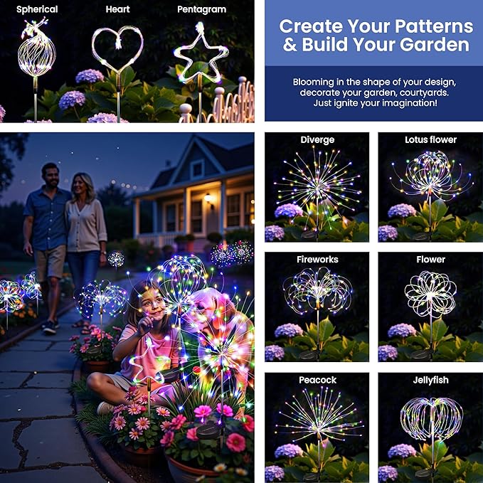 2Pack Solar Lights Outdoor, Multicolor Firework Lights | 120LED Fireworks Lights Solar Powered, Waterproof Fairy Garden Lights Decor Outside for Yard Pathway Lawn Patio