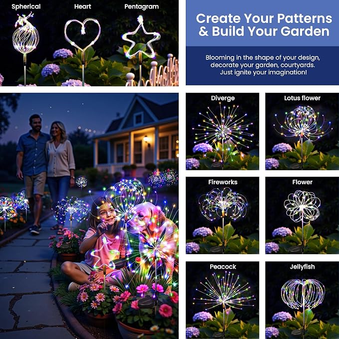 4Pack Solar Lights Outdoor, Multicolor Firework Lights | 120LED Fireworks Lights Solar Powered, Waterproof Fairy Garden Lights Decor Outside for Yard Pathway Lawn Patio