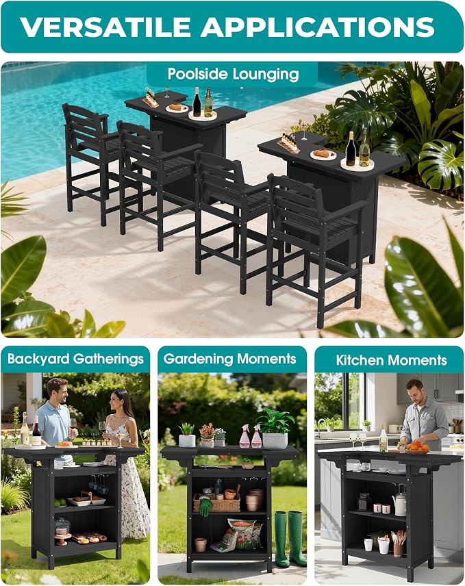SERWALL Outdoor Bar Table,Patio Bar Cabinet with 4-Tier Storage and Spacious Tabletop for Outside,Poolside, Backyard,Made of HDPE,Black