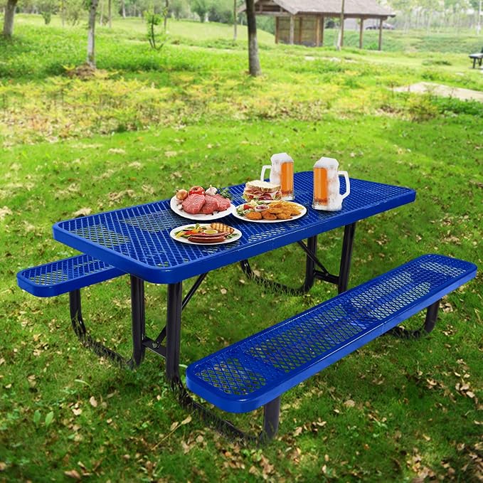 Heavy Duty Picnic Table for Outdoor 1400 lbs Load All Metal Camping Table with Umbrella Hole up to 1.5", Rectangle Dining Table for Commercial Picnic Table with Benches, Blue