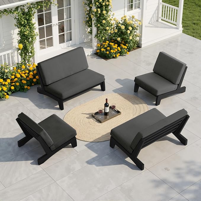 Pia Ricoo 4 Piece Patio Furniture Sets, Outdoor Furniture with 2 Chairs & Coffee Table, Patio Conversation Set for Backyard, Deck, Lawn, Drak, Dark Wood