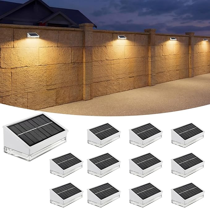 Solar Fence Lights 12 Pack, Outdoor Solar Lights with 3 Color Temperatures, IP65 Waterproof Wide-Angle LED Lighting for Fence, Patio, Yard, Deck, Wall, Garden (White)