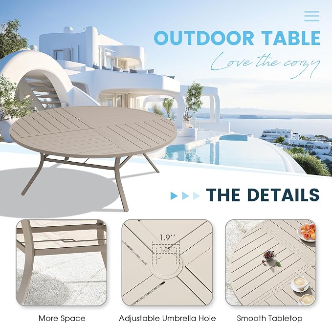 Patio Dining Table for 8-10, Round Metal Outdoor Table with Storage Shelf, 1.57" Umbrella Hole, 63" Outdoor Quartered Tabletop Dining Table for Backyard, Porch, Lawn, Sand