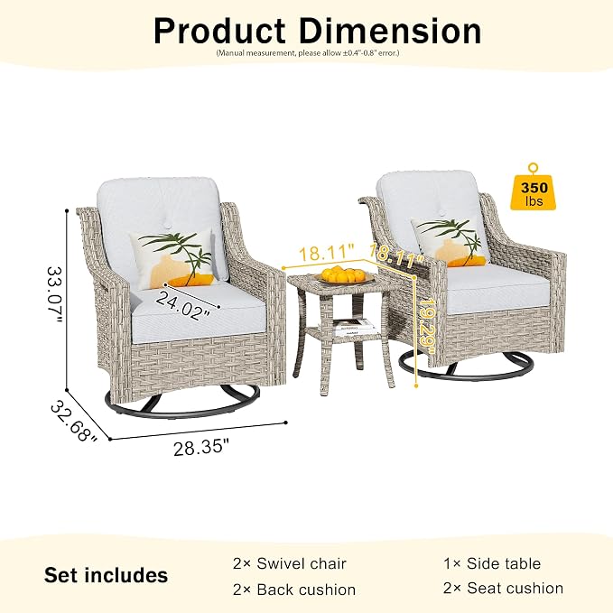 HOOOWOOO 3 Piece Patio Furniture Bistro Sets,Outdoor Wicker Swivel Rocking Chairs with Table Set,All Weather Resistant High Back Rattan Conversation Set(Denim Blue)