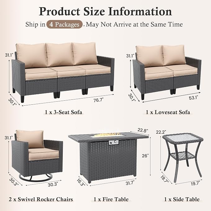 Amopatio Patio Furniture Set with Fire Pit Table, Wicker Outdoor Sectional Sofa with Swivel Rocker Chairs, All-Weather Rattan Conversation Set, Waterproof Cover for Backyard, Deck Black/Khak 6 PCS