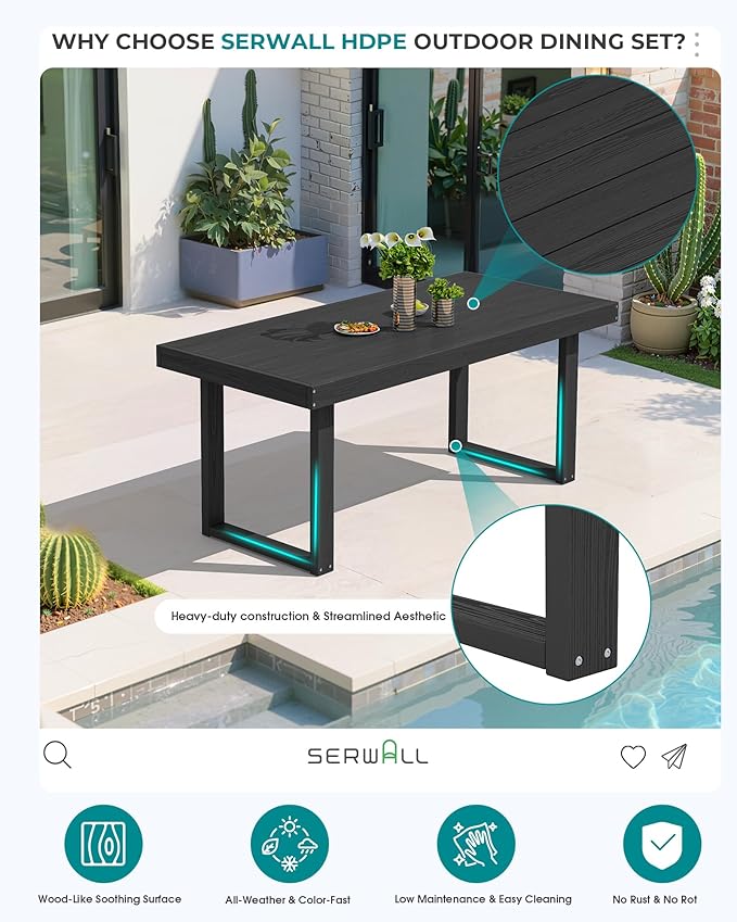 SERWALL HDPE Outdoor Dining Set for 4, 67'' Patio Table and Chairs Set | with Armchair Seat