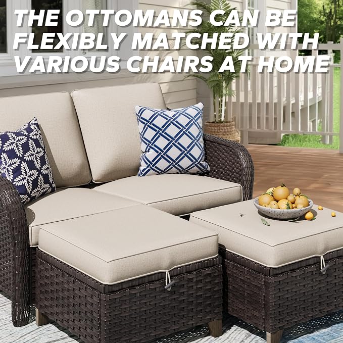 3 Pieces Patio sectional Sofa Set, Outdoor Conversation Furniture Set, 55" Patio Couch with 2 Ottomans, Rattan Wicker Sofa with Removable Cushions for Bistro, Deck (Beige)