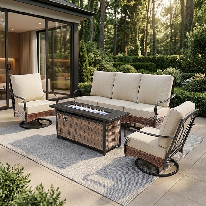 Sophia & William Patio Furniture Set with Fire Pit Table, 4 PCS Metal Outdoor Conversation Set with Fire Pit Table, 2 Swivel Chairs,3-Seater Couch for Outdoor Seating, Backyard, Porch(Beige)