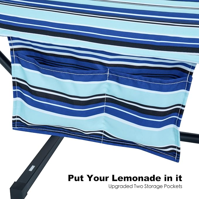 GAFETE 2 Person Hammock with Stand for Outside, Heavy Duty Steel Stand, Double 55inch Hammocks, Large Removable Pillow, Storage Bags, Max 475 lbs Capacity (Pacific Stripe Blue)