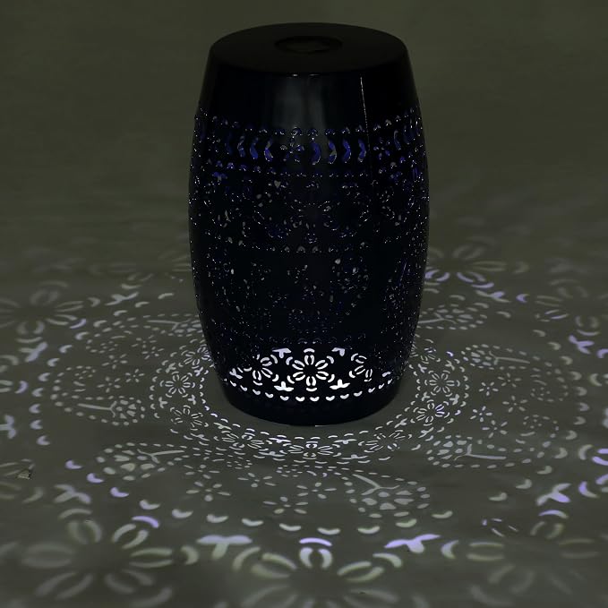 12" Outdoor Solar Side Table, Metal Cutout Drum Side Table, Coffee End Tables, Patio Garden Stool for Small Spaces, Living Room, Backyard, Poolside (1, Dark Blue + Solar)
