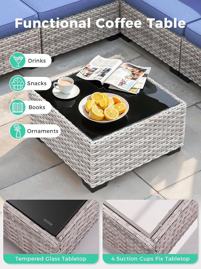 9 Piece Outdoor Patio Furniture Set with Swivel Chairs, 7-Seats Wicker Sectional Sofa Set with Thickened Cushions & Coffee Table for Garden, Backyard, Porch, Blue