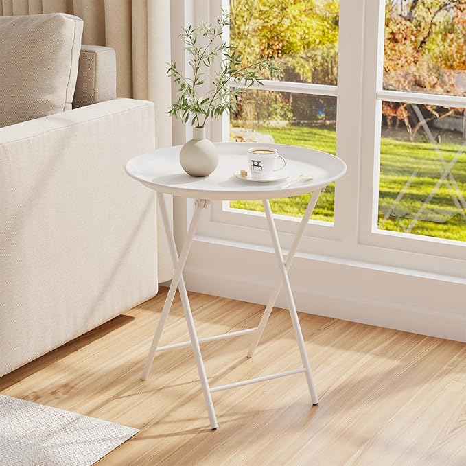 Garden 4 you Folding TV Tray Table, Metal Round Side Table, White Dinner Table with Metal Frame, Modern Outdoor Tray Table for Living Room, Bedroom, Patio & Small Spaces, 2 Packs