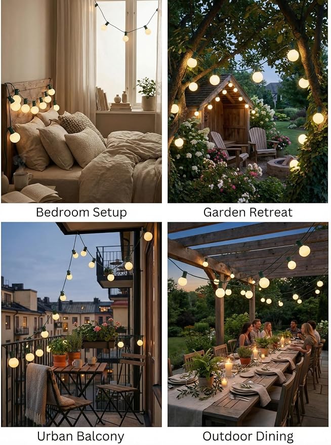 G40 Outdoor Frosted String Lights, 25FT, 25-Light, Black Wire | Soft Frosted Glow, IP44 Weatherproof, 5W Glass Incandescent Bulbs, E12 Bases, 2 Spares, End-To-End Connectable, for Bistro