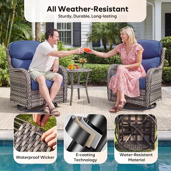 Rilyson Outdoor Patio Furniture Set - Weather Resistant Wicker,High Back,6 inch Cushions,3 Piece Patio Bistro Set with Swivel Rocker Chairs and Side Table for Deck Porch Yard,Mixed Grey/Blue