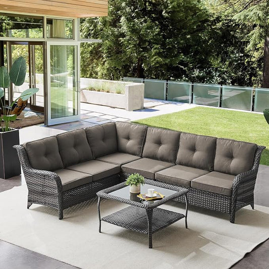 Belord Patio Furniture Set 6 Seats, Oversized Outdoor Sectional Couch, Two 3-Seater Sofas with Coffee Table, Patio Conversation Sets,Ideal for Porch, Deck, Gray Wicker/Gray