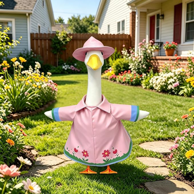 3 Pcs/Set Floral Raincoat Porch Goose Outfits: Pink Lawn Goose Statue Rain Coat Costume with Umbrella Hat - Spring Yard Goose Clothes for 23 Inch Goose Statue - Patio Garden Porch Lawn Outdoor Decor