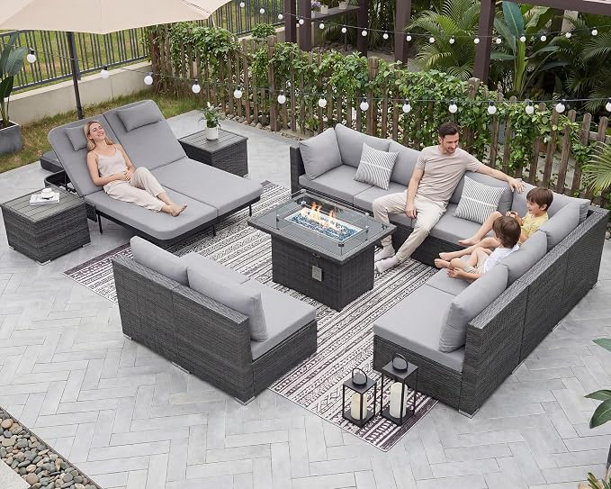 NICESOUL 13 Piece Outdoor Sectional w/Fire Pit Table, Luxury Modular Patio Furniture Set w/Chaise Lounge, Plus 29.3'' High-Back Seating Sofa, All-Weather Deck Couch for Poolside, Yard, Light Grey